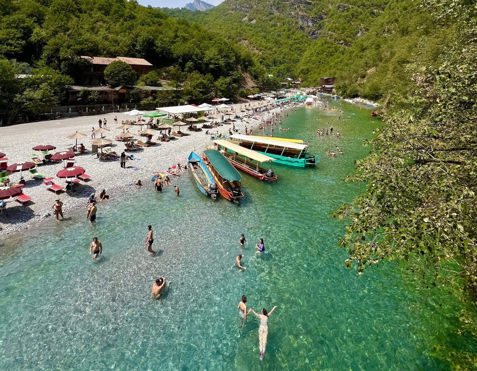 Boat cruise from Koman Lake to Shala River with mountain views